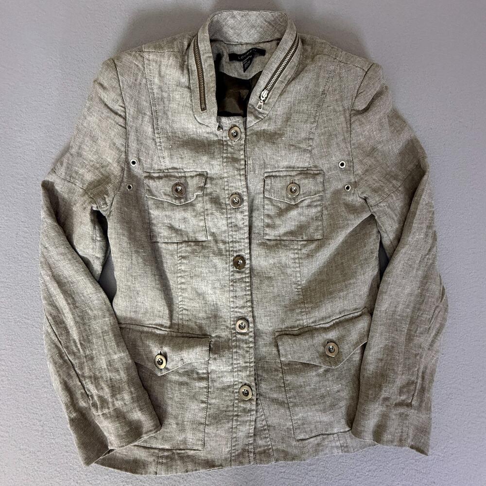 Louben Canada Linen Blend Safari Utility Jacket Tan Stand Collar Zip Pockets 10